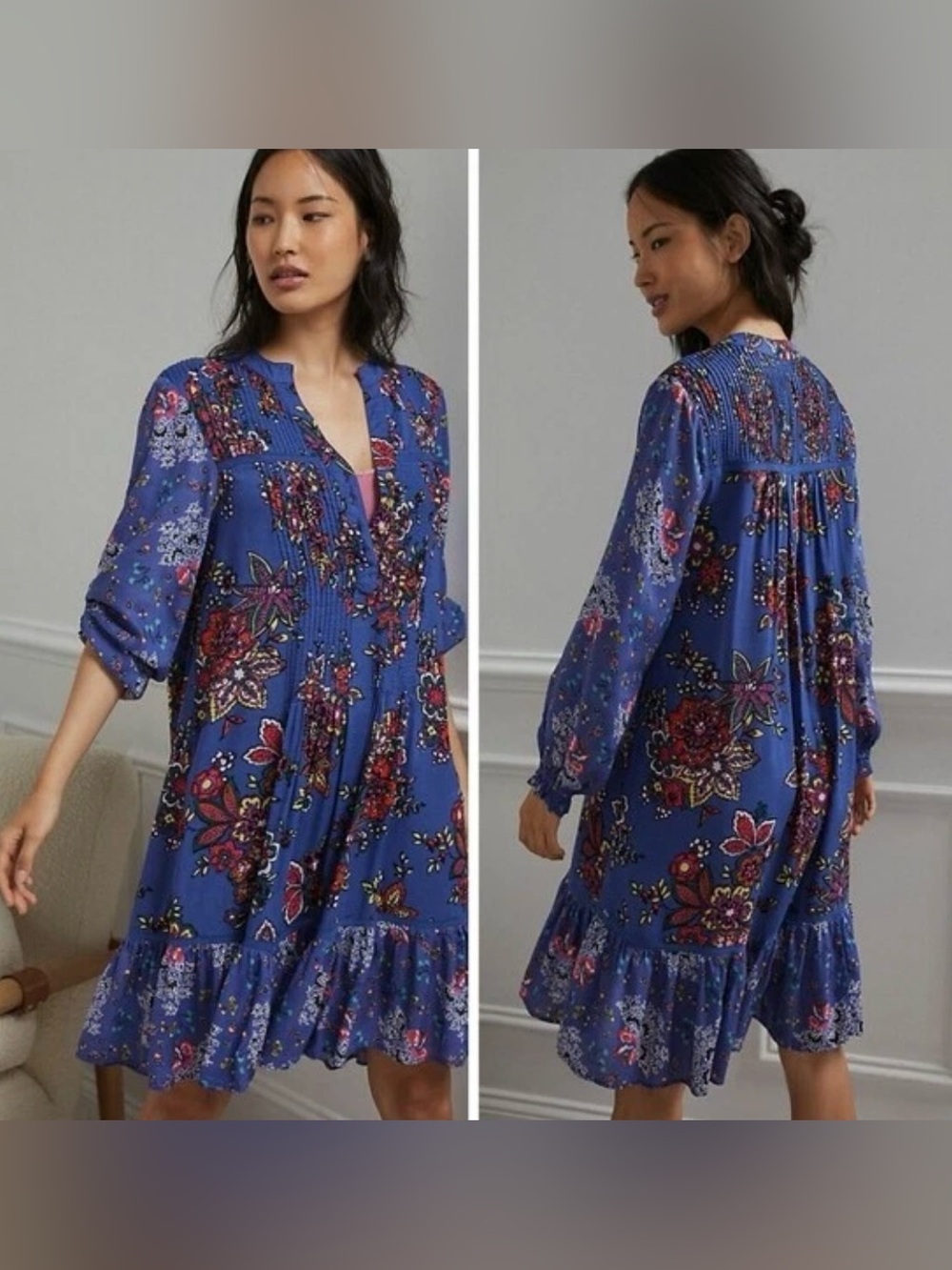 Anthropologie Diana Pintucked Dress Large L Blue Floral Boho Ruffle Sleeve